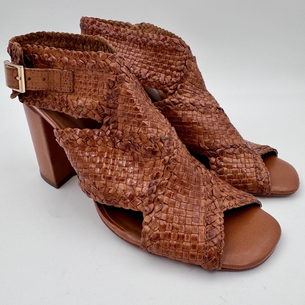 Halston Womens Penelope Tan Brown 7.5M Woven Leather Block Heel Sandals A4520317